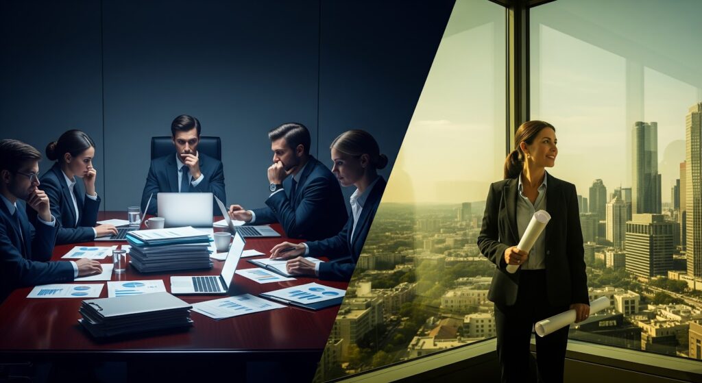 A dramatic split-screen composition showing contrast between two corporate scenes. On the left, a shadowy boardroom with executives gathered around a table covered with quarterly earnings reports, their faces lit only by laptop screens, expressions anxious and short-sighted. On the right, a sunlit corner office with a confident founder-CEO standing at a window overlooking a thriving cityscape, holding a long-term strategic plan. Color palette transitions from cold blues and grays (left) to warm golds and deep greens (right). Hyperrealistic style with cinematic lighting. The visual metaphor represents short-term versus long-term capital allocation mindsets.