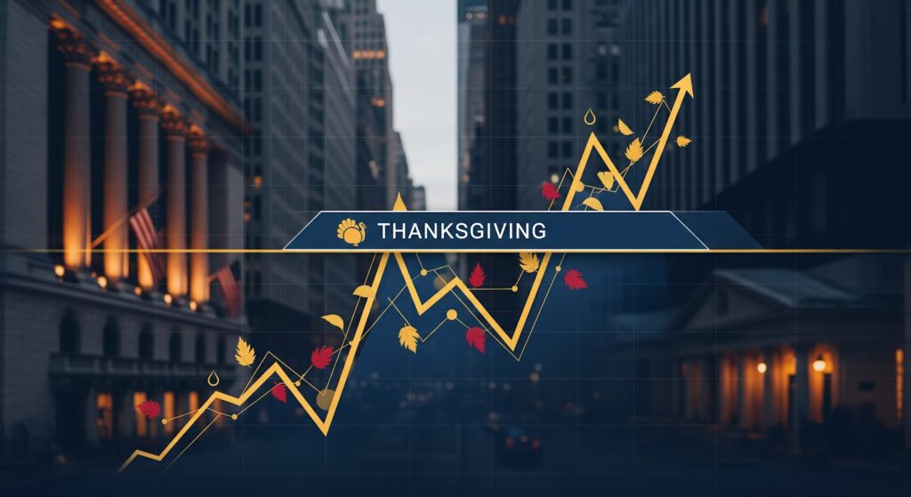 Create a dramatic financial visualization showing a stylized stock chart with a sharp upward arrow breaking through the Thanksgiving holiday date marker. Include subtle fall-colored elements like golden leaves integrated into the chart lines. The background should feature a muted Wall Street skyline at dusk with warm amber lighting. Style: Modern financial infographic aesthetic with clean lines, professional color palette of navy blue, gold, and white. Mood: Confident, forward-looking optimism with seasonal warmth.