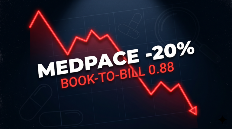 Medpace stock falls 20% with a red downward trend line and the text 'BOOK-TO-BILL 0.88'