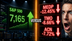 Stock market scene with green S&P 500 up sign and a shocked investor on the right, illustrating volatility and mixed gains/losses.