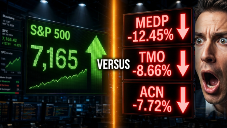 Stock market scene with green S&P 500 up sign and a shocked investor on the right, illustrating volatility and mixed gains/losses.