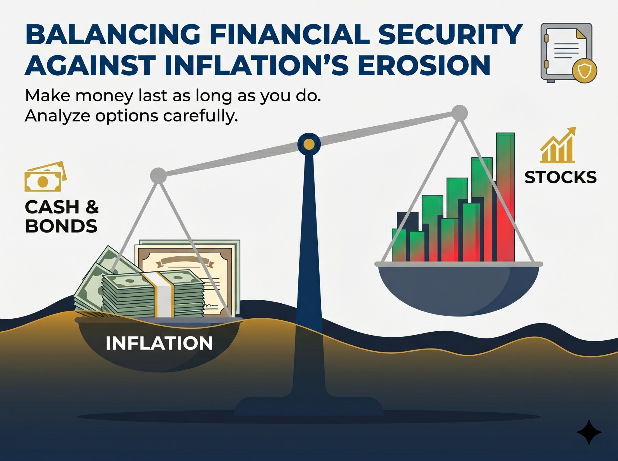 Illustration of a balance scale comparing cash and bonds on one side with a rising stocks chart on the other, symbolizing inflation eroding financial security.
