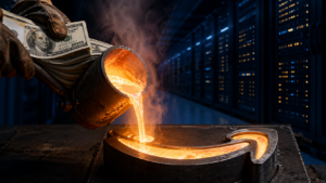 Gloved hand pours molten metal into a large G-shaped mold, with cash bundles and server racks in a data-center background.