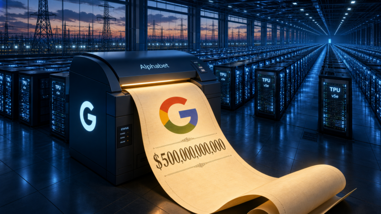 Futuristic data center with rows of servers as a Google-branded printer prints a long receipt bearing a colorful Google logo and a large dollar amount, $500,000,000,000, flowing onto the floor.