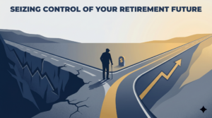 Person standing with a cane at a split road, heading toward a sunlit, rising highway—symbolizing retirement planning and growth, with the title 'Seizing Control of Your Retirement Future' above.