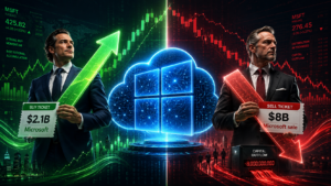 Two suited men flank a glowing Windows cloud, holding 'Buy Ticket' ($2.1B) and 'Sell Ticket' ($8B) signs amid green up and red down stock charts.