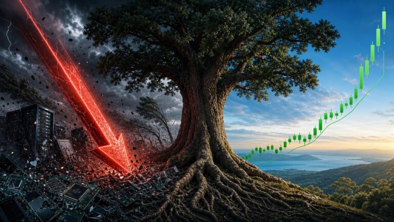 › VAP Wealth Advisors › VAP Wealth Advisors A tree grows from ruined rubble with a red downward arrow striking the left side and a rising green stock chart on the right, symbolizing rebound.
