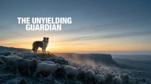 › VAP Wealth Advisors Dog stands alert on a rocky cliff at sunset, guarding a flock of sheep below as the title 'THE UNYIELDING GUARDIAN' appears in the sky.