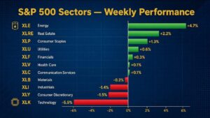 S&P 500 sectors weekly performance bar chart showing gains for Energy, Real Estate, Consumer Staples, Utilities, Financials, Health Care, Communications, Materials, Industrials, Consumer Discretionary, and Technology; Energy up about 4.7%, Technology down about 5.5%.
