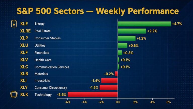 S&P 500 sectors weekly performance bar chart showing gains for Energy, Real Estate, Consumer Staples, Utilities, Financials, Health Care, Communications, Materials, Industrials, Consumer Discretionary, and Technology; Energy up about 4.7%, Technology down about 5.5%.