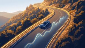 Blue car driving on a winding mountain road at sunset with glowing blue stock-chart lines overlaying the scene.