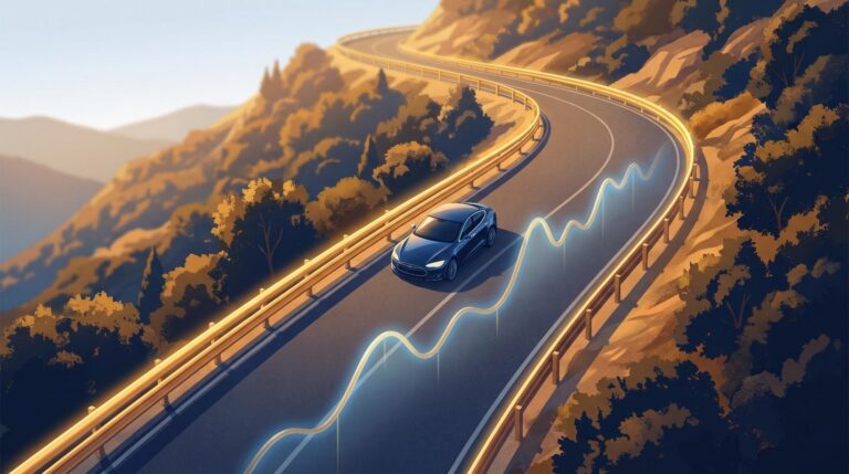 › VAP Wealth Advisors › VAP Wealth Advisors Blue car driving on a winding mountain road at sunset with glowing blue stock-chart lines overlaying the scene.