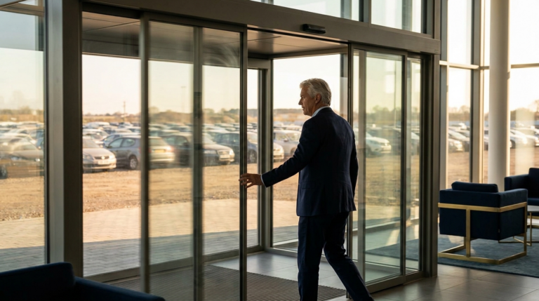 › VAP Wealth Advisors › VAP Wealth Advisors Businessman in a navy suit stepping through glass doors in a modern lobby.