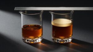Two whiskey glasses side by side with a metal ruler resting across their rims, suggesting a measurement or comparison task.