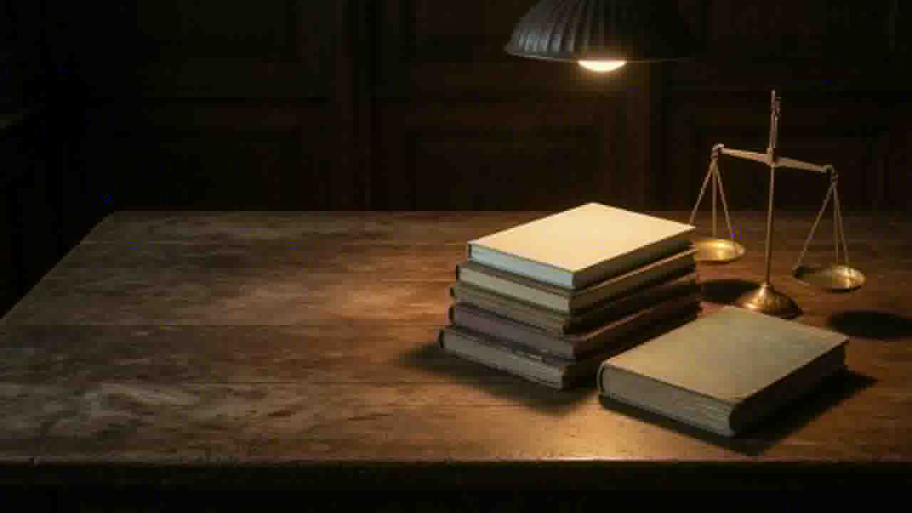 Stack of worn ledgers and books on a wooden desk beside a brass balance scale under a single lamp