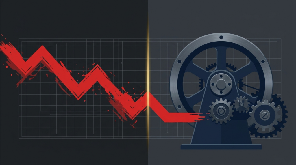 Red downward-trending line graph beside a blue gear mechanism, symbolizing industrial decline.