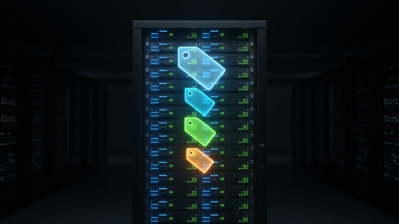 Server rack in a dark data center with four glowing tags stacked vertically: blue, light blue, green, and orange