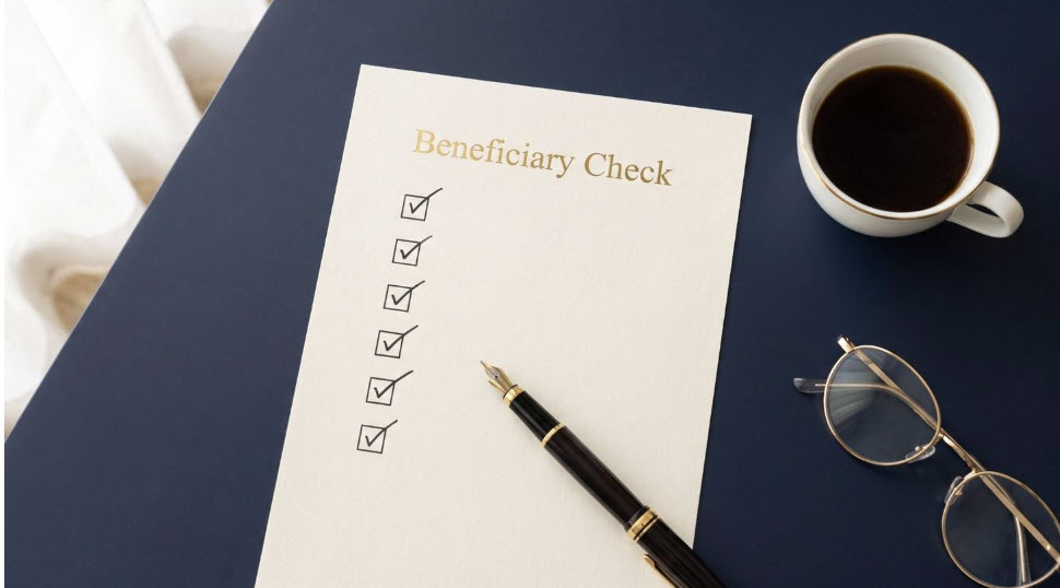 A cream sheet headed Beneficiary Check with six ticked boxes, a fountain pen, reading glasses, and a cup of coffee on a navy desk