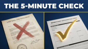 Header 'THE 5-MINUTE CHECK' with two panels: a crossed-out will on the left and a beneficiary designation form with a gold checkmark on the right, on a blue background.