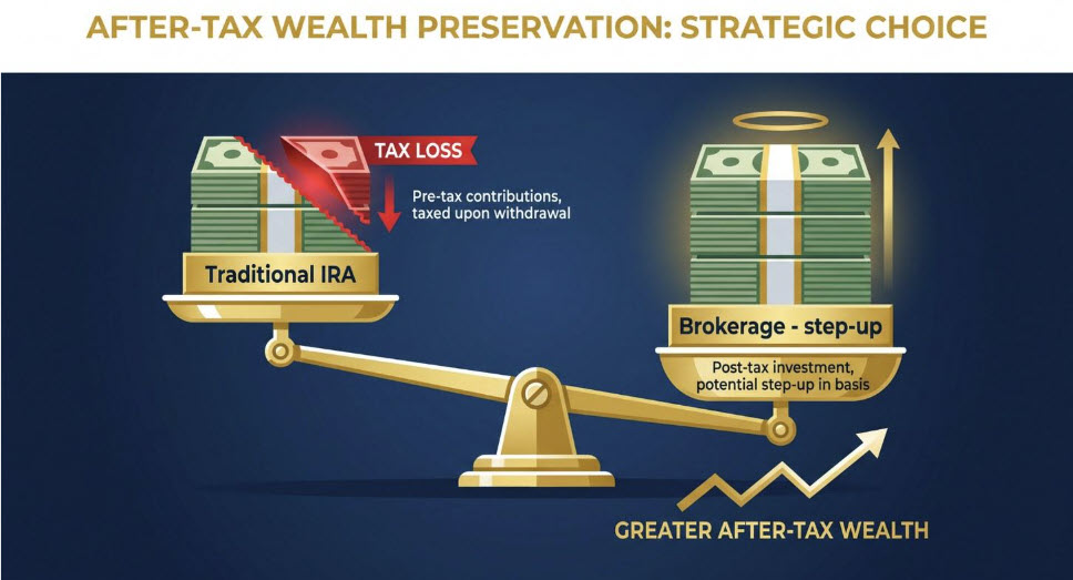 A balance scale weighing a traditional IRA, taxed upon withdrawal, against a brokerage account that receives a step-up in basis