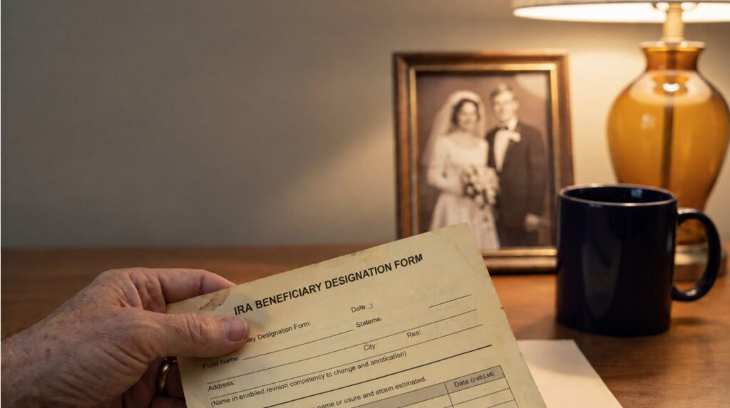 Hand holding an IRA Beneficiary Designation Form on a wooden desk, with a framed wedding photo, lamp, and mug in the background.
