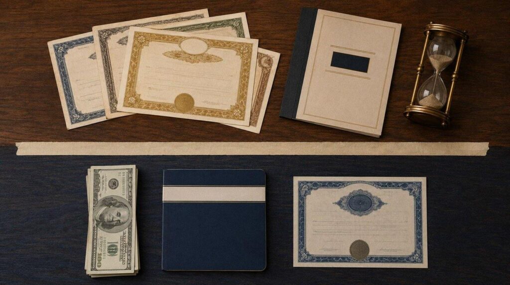 Assorted certificates and a blank notebook arranged on a dark wooden desk, with an hourglass and a stack of $100 bills nearby.