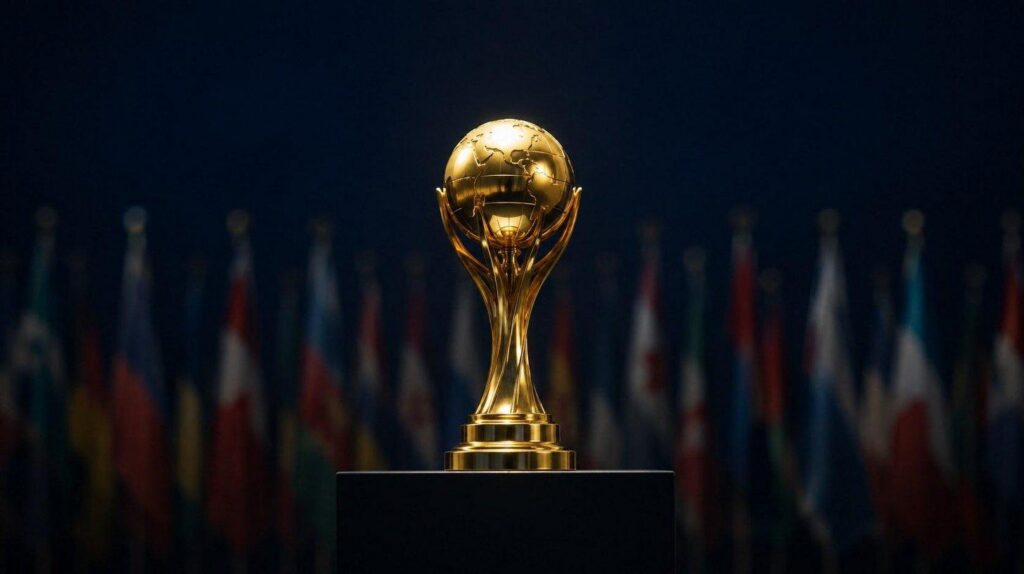 Golden trophy on a black pedestal with blurred international flags in the background.