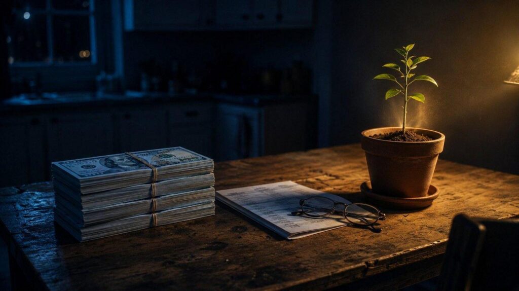 Stacks of bundled cash on a wooden table beside a notebook, reading glasses, and a potted plant under warm light in a dim kitchen setting.