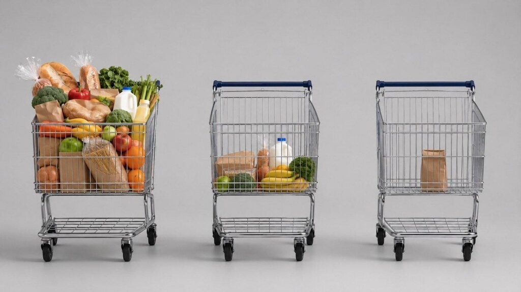 Three metal shopping carts lined up against a gray background; the left cart is overflowing with groceries, the middle cart is moderately filled, and the right cart is mostly empty with a brown paper bag inside.