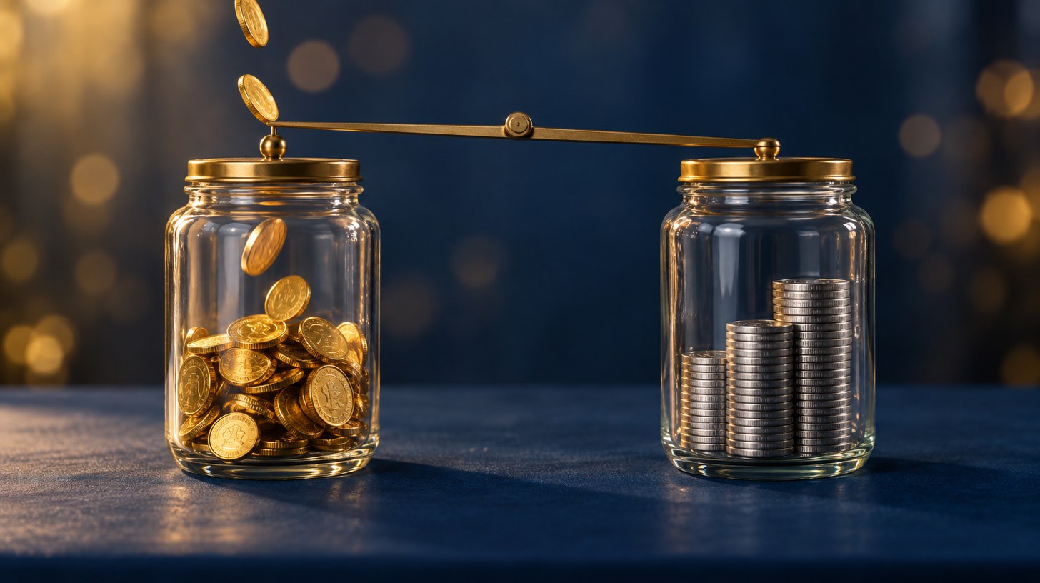 Two glass jars on a navy table under a brass balance beam: gold coins falling into the left jar, stacked silver coins in the right