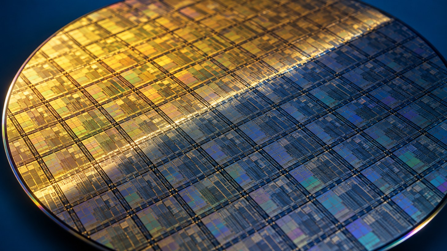 A silicon wafer of computer chips split diagonally between warm gold light and cool blue shadow