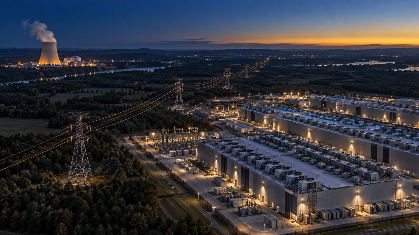 Aerial dusk view of a large data-center campus and substation, with power lines running toward a steaming nuclear cooling tower on the far side of a river