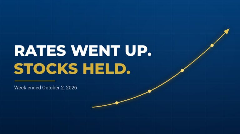 Bold white headline 'RATES WENT UP. STOCKS HELD.' on a dark blue background with a gold upward-curving line and the date 'Week ended October 2, 2026'.