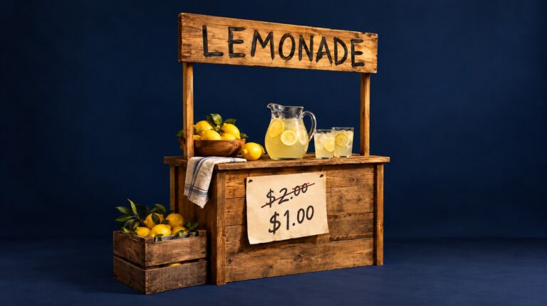 A rustic wooden lemonade stand on a navy backdrop, with a pitcher of lemonade, fresh lemons, and a paper sign marking the price down from 
